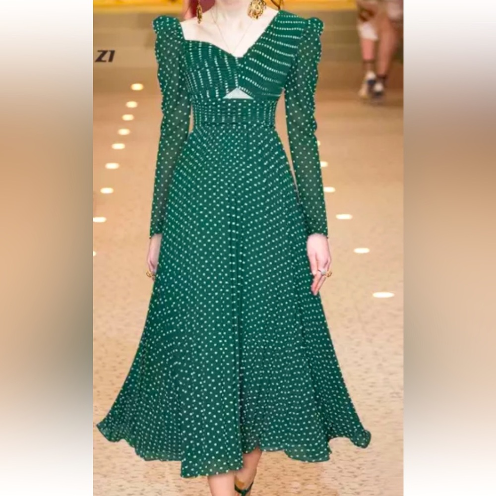 Self Portrait Style green long polka dot cutout runway dress